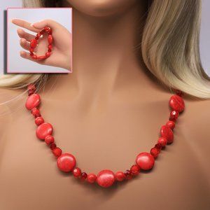 3 Piece Set Necklace Bracelet Earrings Red Howlite Crystals Red Glass Beads